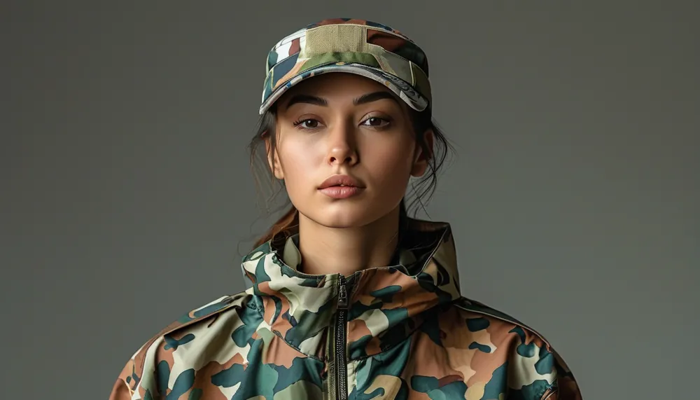 Woman in a camo activewear set styled casually